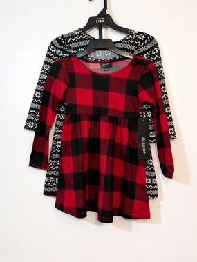 Picapino Girls Dress Set Size 4 NWT Buffalo Plaid + Nordic Print Holiday Dresses